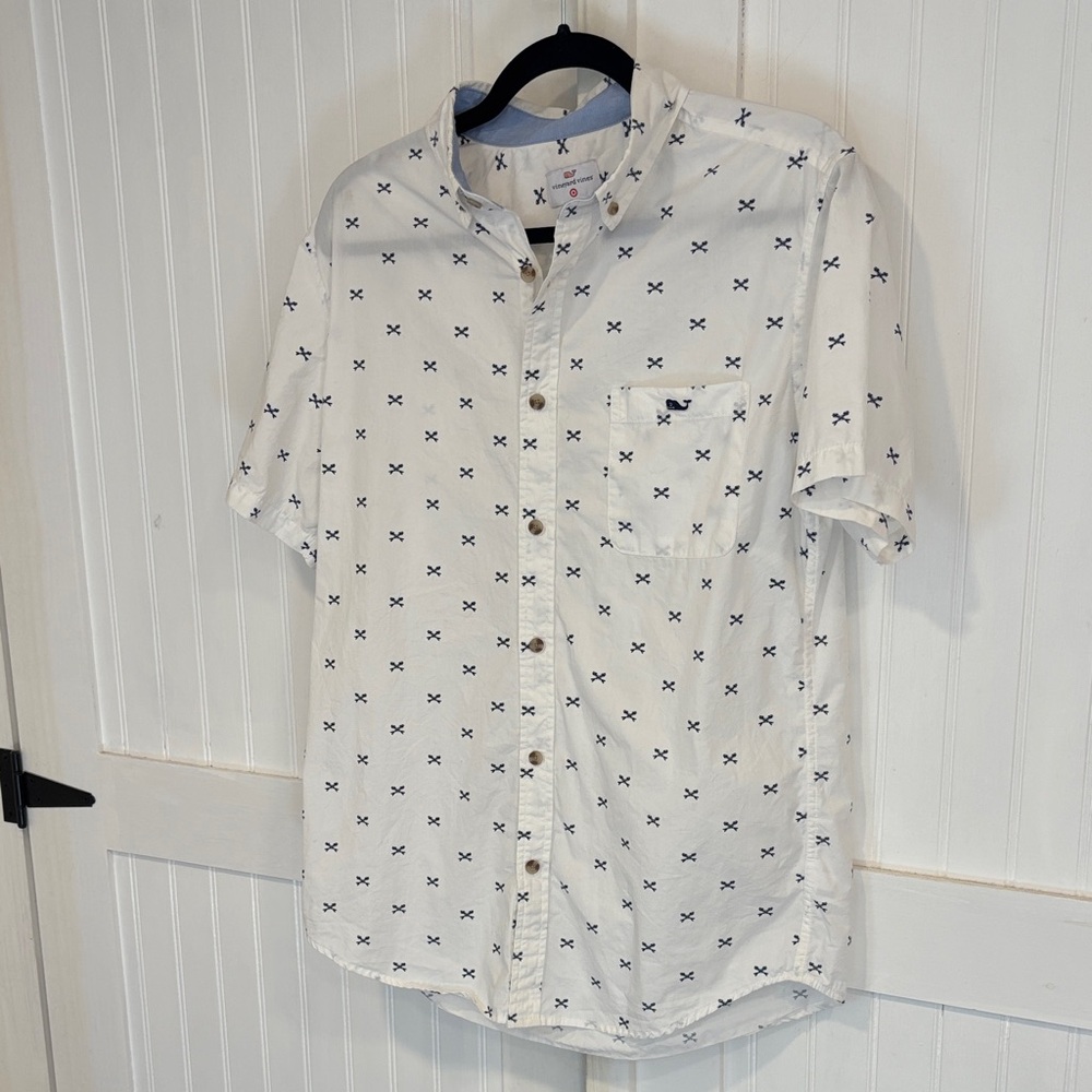 Vineyard Vines White & Blue bone-fish Patterned, button up short sleeve Shirt M